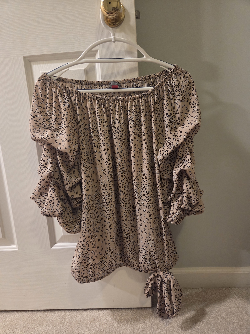 Vince Camuto Beige Leopard Off-Shoulder Tie-Hem Tunic